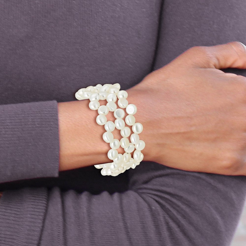 Sterling Silver Rh-plated 6-7mm Button White FWC Wrap Bracelet