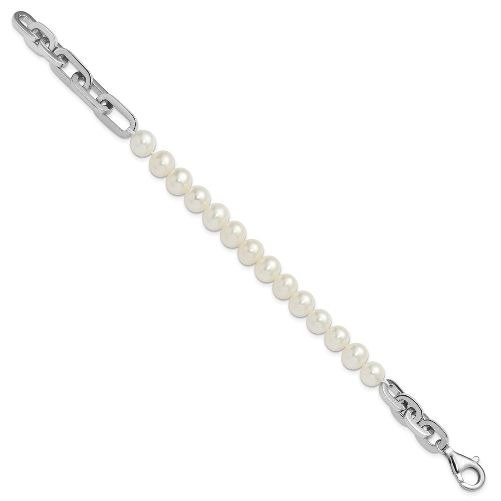 Sterling Silver Rh-plated 7-8mm Rnd Wht FWC Pearl Link 8in Bracelet