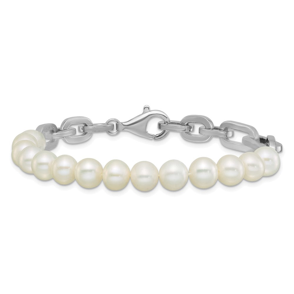 Sterling Silver Rh-plated 7-8mm Rnd Wht FWC Pearl Link 8in Bracelet