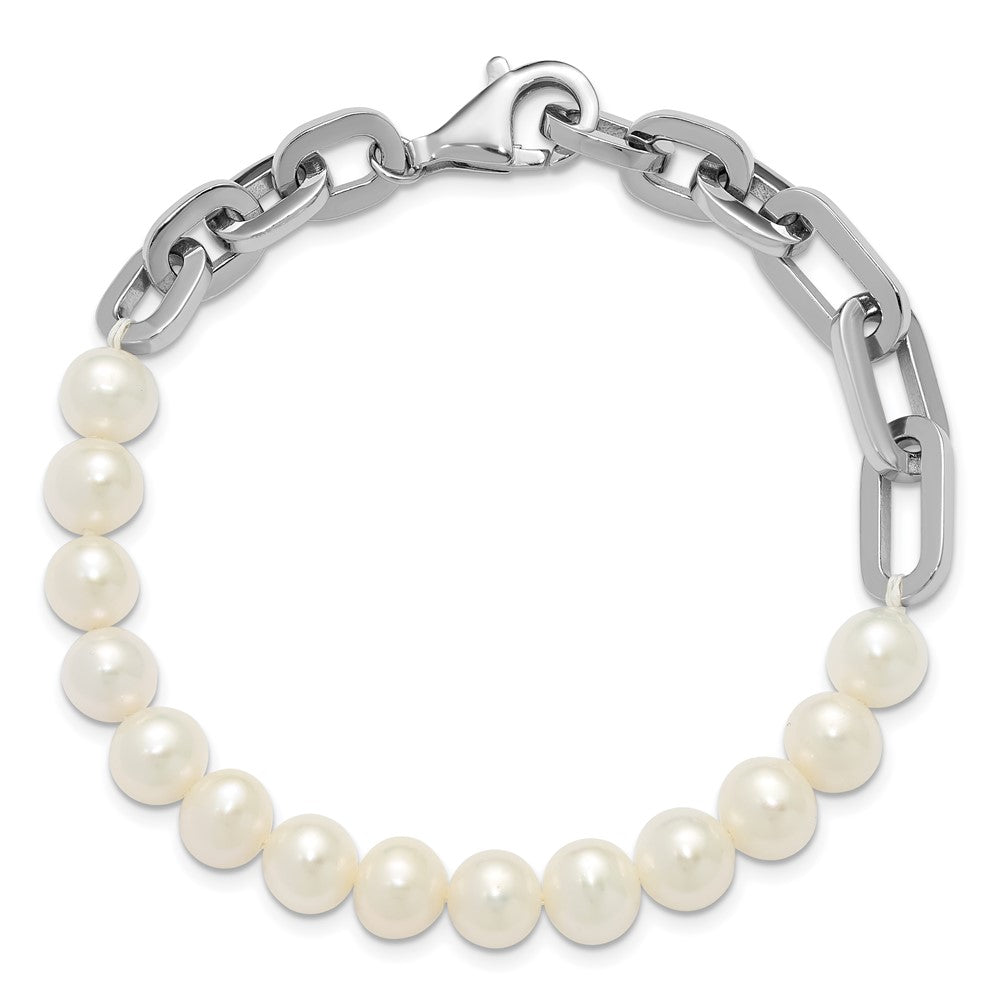 Sterling Silver Rh-plated 7-8mm Rnd Wht FWC Pearl Link 8in Bracelet