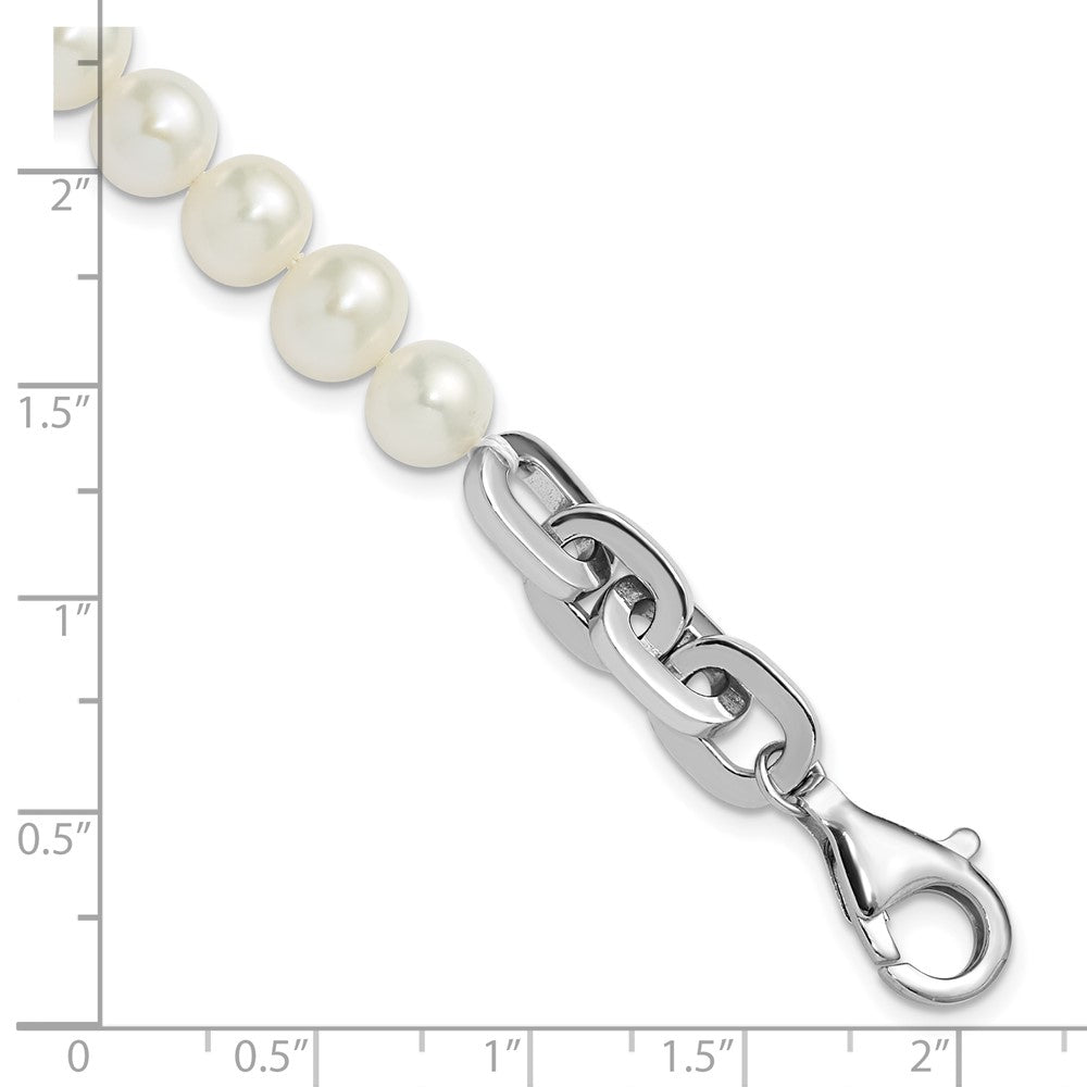 Sterling Silver Rh-plated 7-8mm Rnd Wht FWC Pearl Link 8in Bracelet