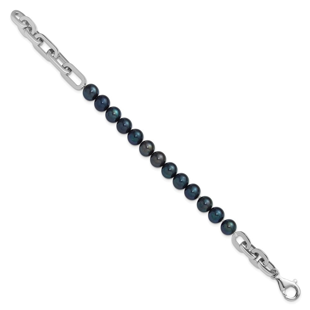 Sterling Silver Rh-plated 7-8mm Rnd Blk FWC Pearl Link 8in Bracelet