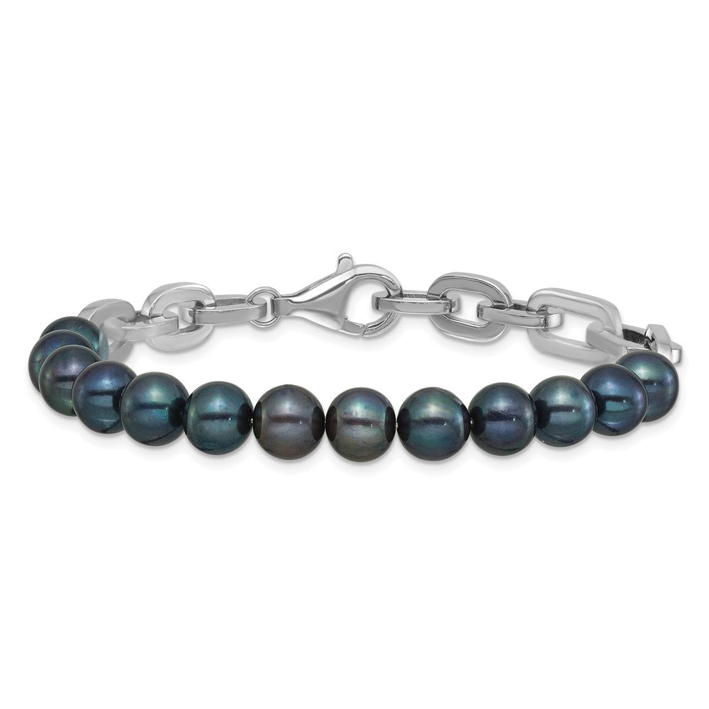 Sterling Silver Rh-plated 7-8mm Rnd Blk FWC Pearl Link 8in Bracelet