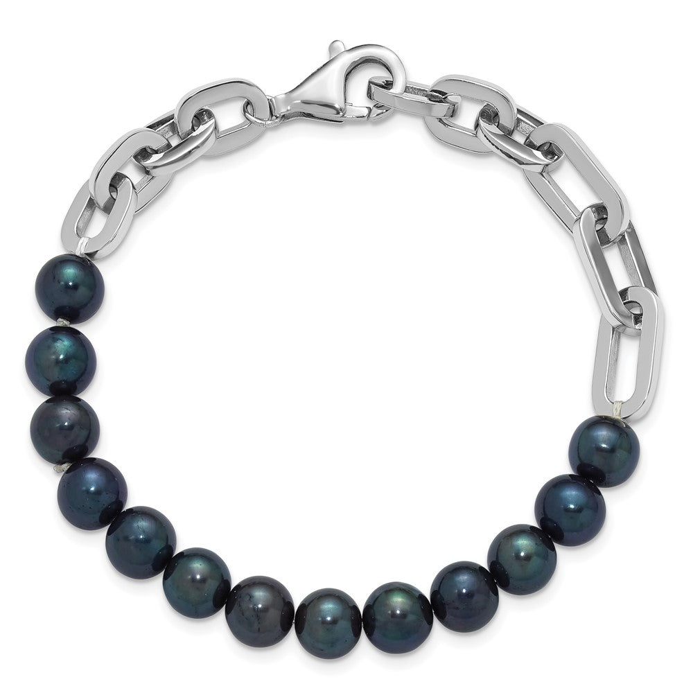 Sterling Silver Rh-plated 7-8mm Rnd Blk FWC Pearl Link 8in Bracelet