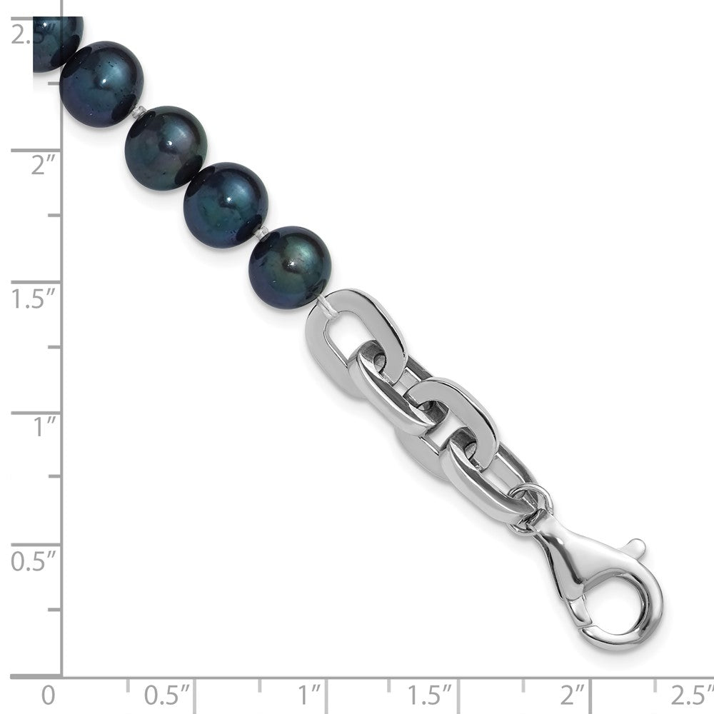 Sterling Silver Rh-plated 7-8mm Rnd Blk FWC Pearl Link 8in Bracelet