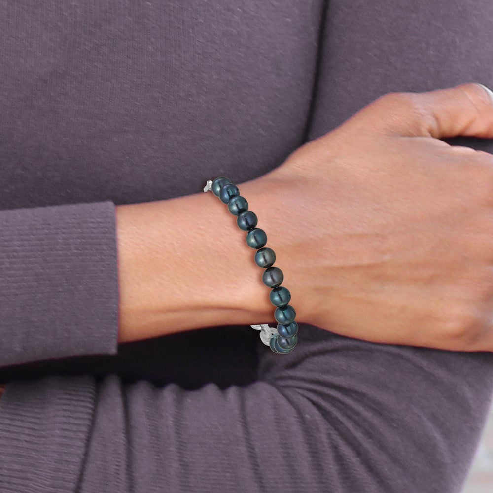 Sterling Silver Rh-plated 7-8mm Rnd Blk FWC Pearl Link 8in Bracelet