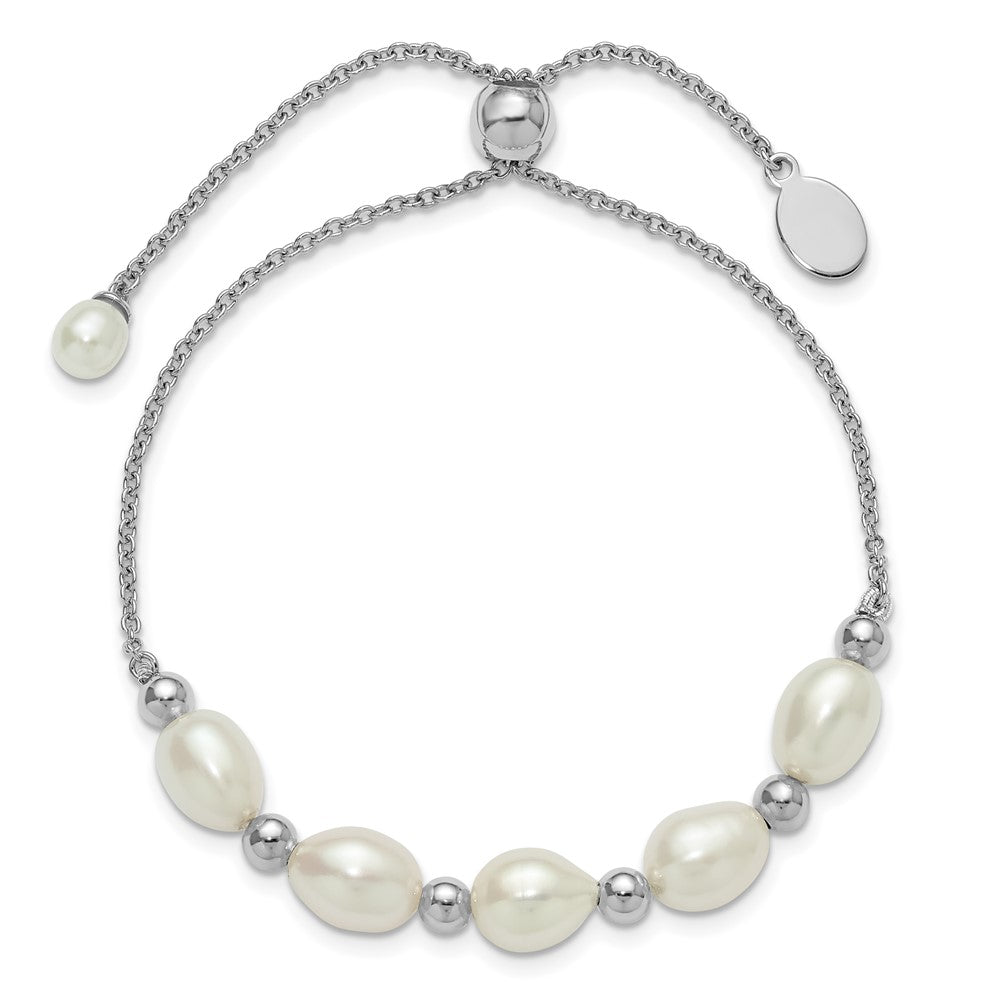 SS RH-plated Polished and Beaded 7x8mmFWC Pearl Adjustable Bolo Bracelet