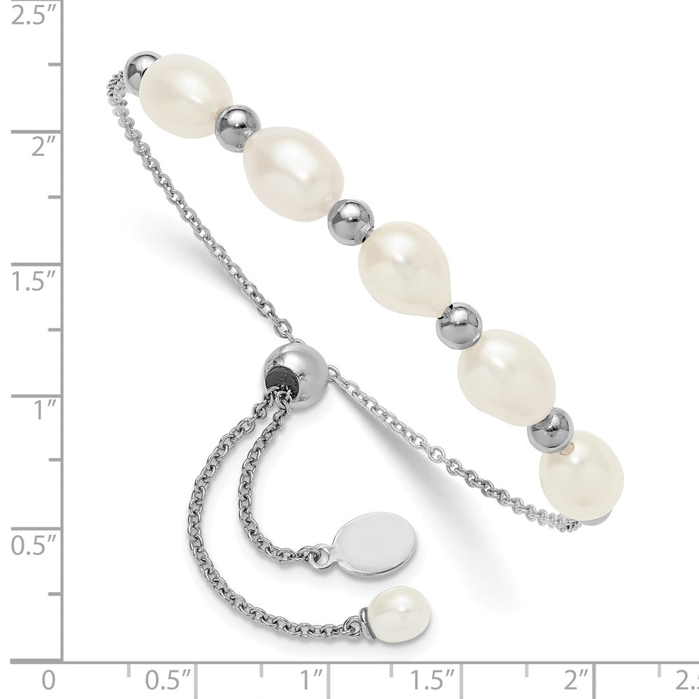 SS RH-plated Polished and Beaded 7x8mmFWC Pearl Adjustable Bolo Bracelet