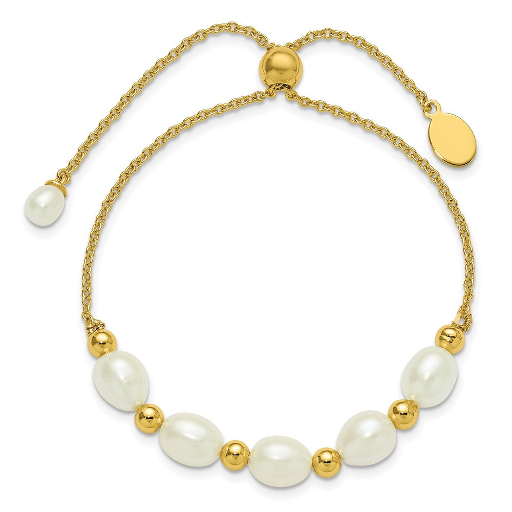 SS Gold-tone Polished and Beaded 7x8mmFWC Pearl Adjustable Bolo Bracelet