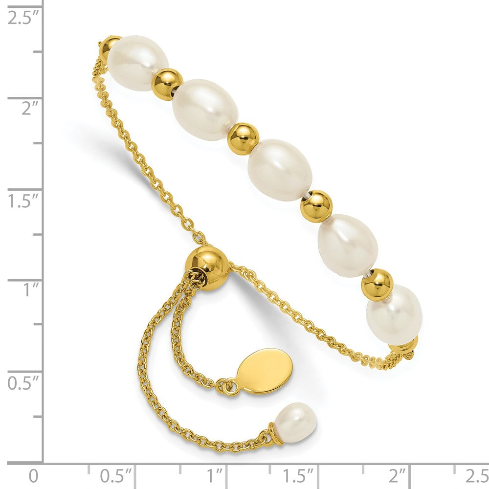 SS Gold-tone Polished and Beaded 7x8mmFWC Pearl Adjustable Bolo Bracelet