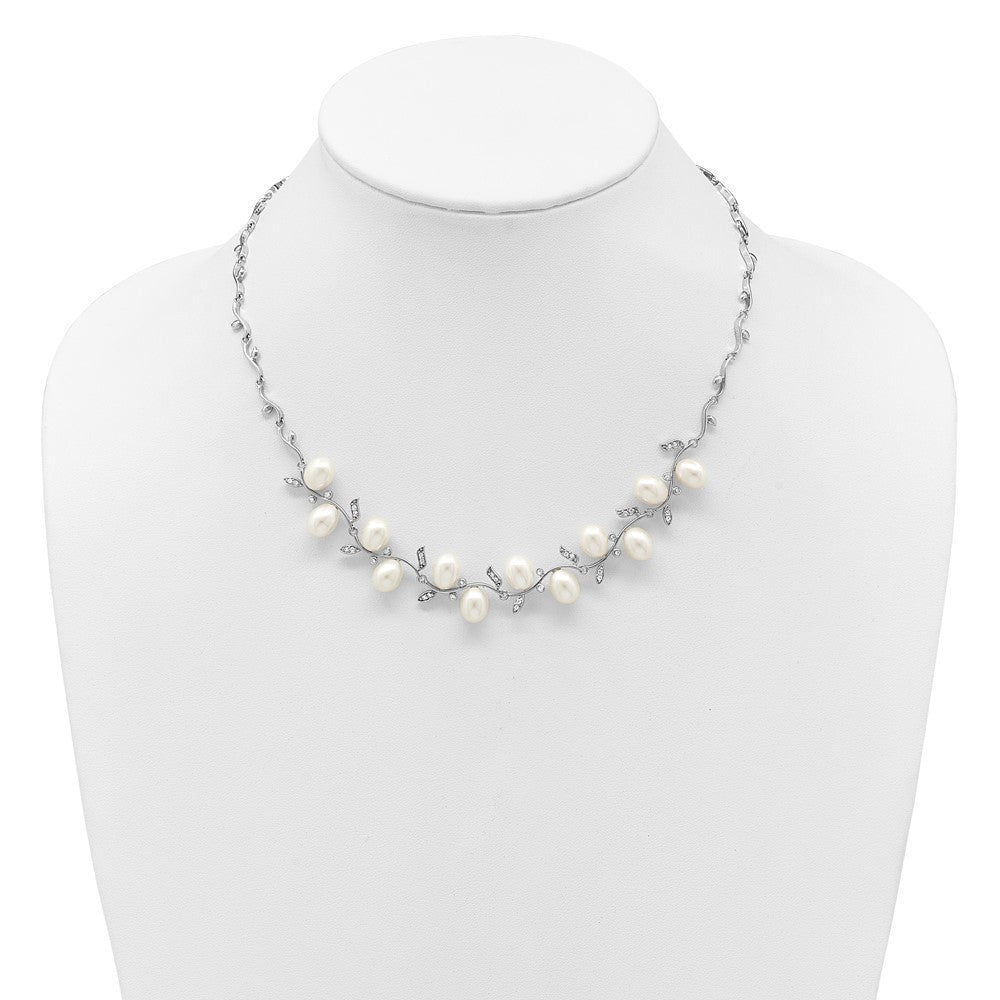 Sterling Silver Rhodium-plated FWC Pearl and CZ Leaf Necklace