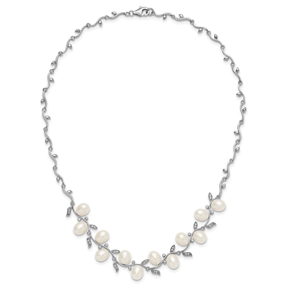 Sterling Silver Rhodium-plated FWC Pearl and CZ Leaf Necklace