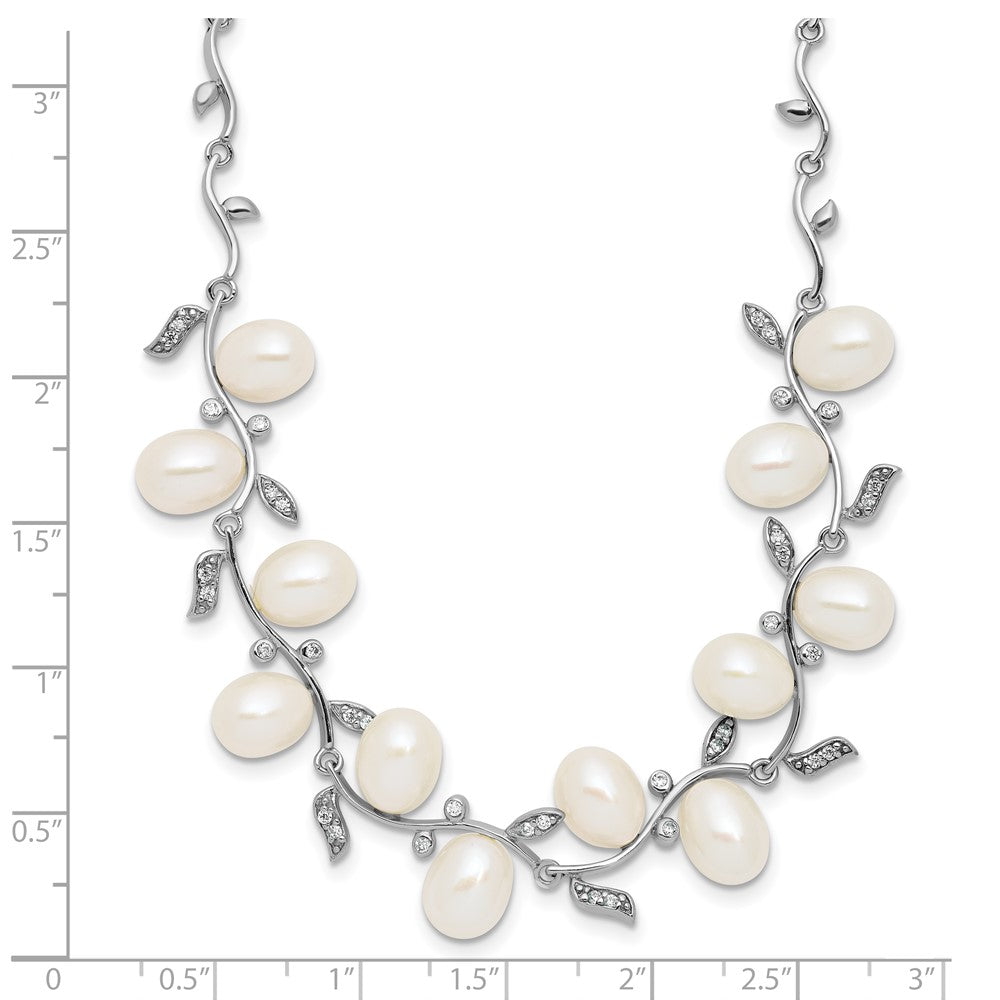 Sterling Silver Rhodium-plated FWC Pearl and CZ Leaf Necklace