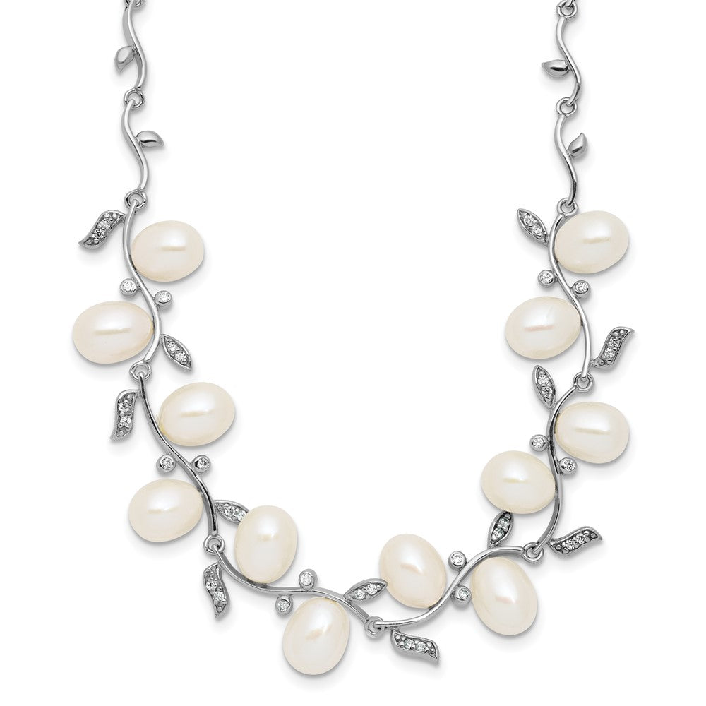 Sterling Silver Rhodium-plated FWC Pearl and CZ Leaf Necklace