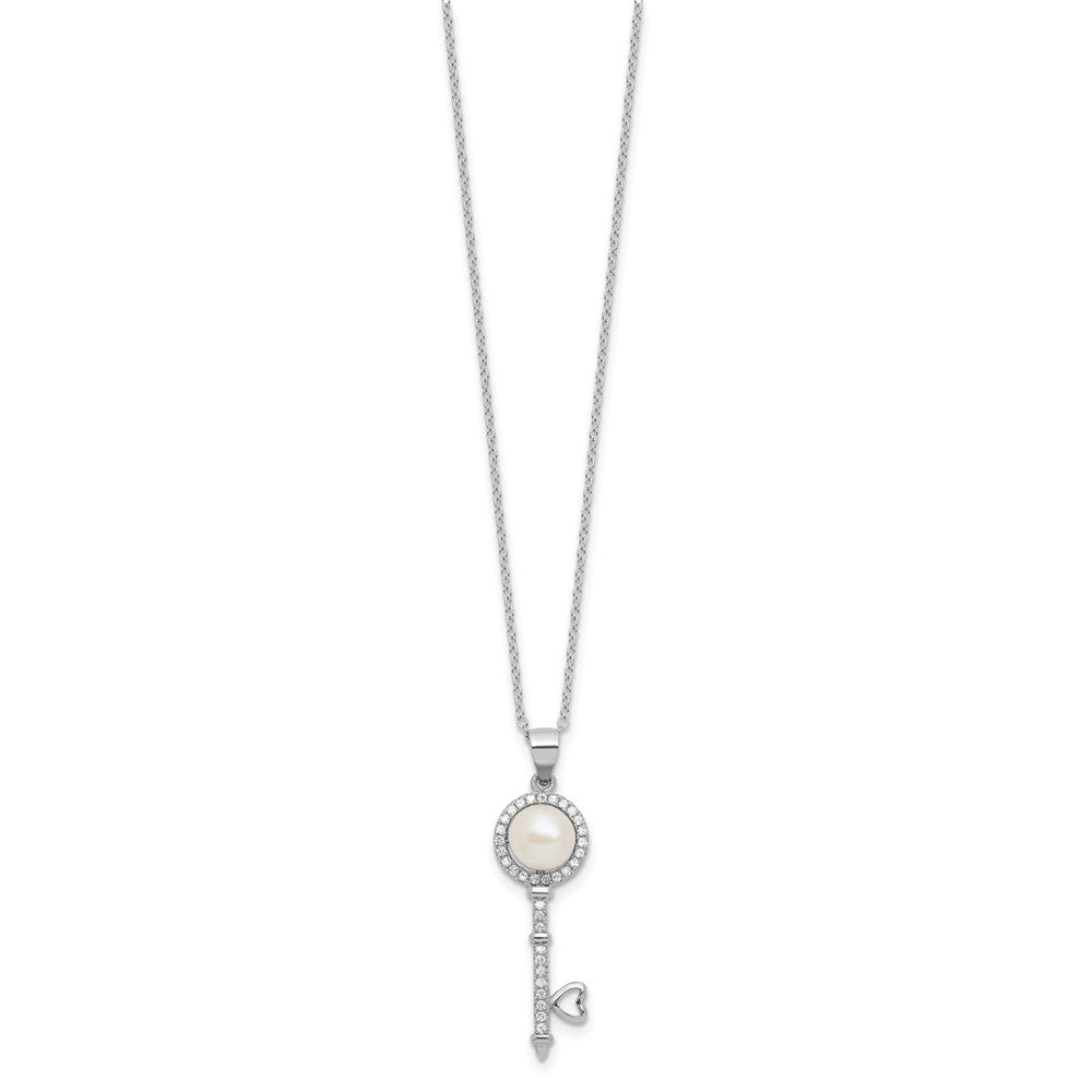 Sterling Silver Rhodium-plated FWC Pearl and CZ Key 17in Necklace