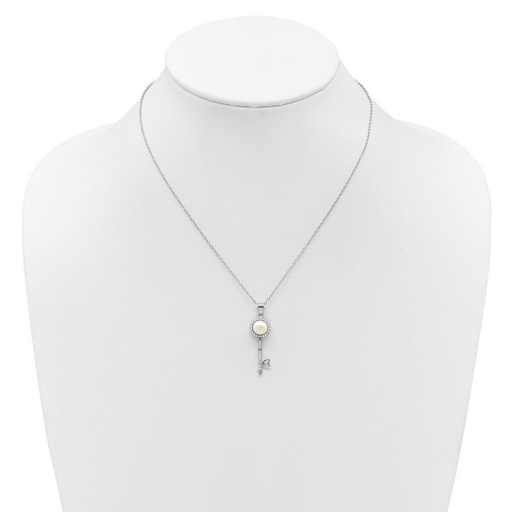 Sterling Silver Rhodium-plated FWC Pearl and CZ Key 17in Necklace
