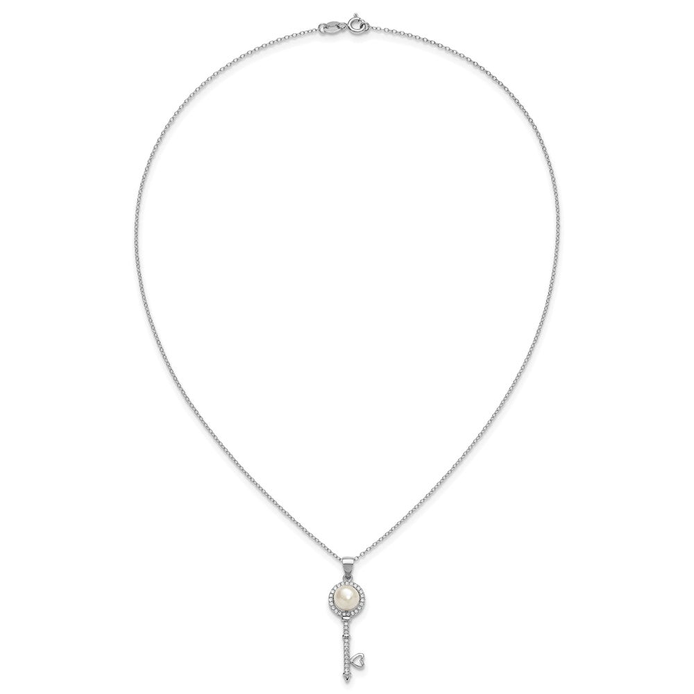 Sterling Silver Rhodium-plated FWC Pearl and CZ Key 17in Necklace
