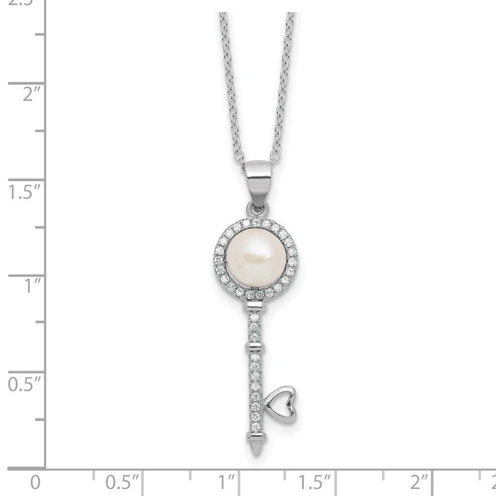 Sterling Silver Rhodium-plated FWC Pearl and CZ Key 17in Necklace