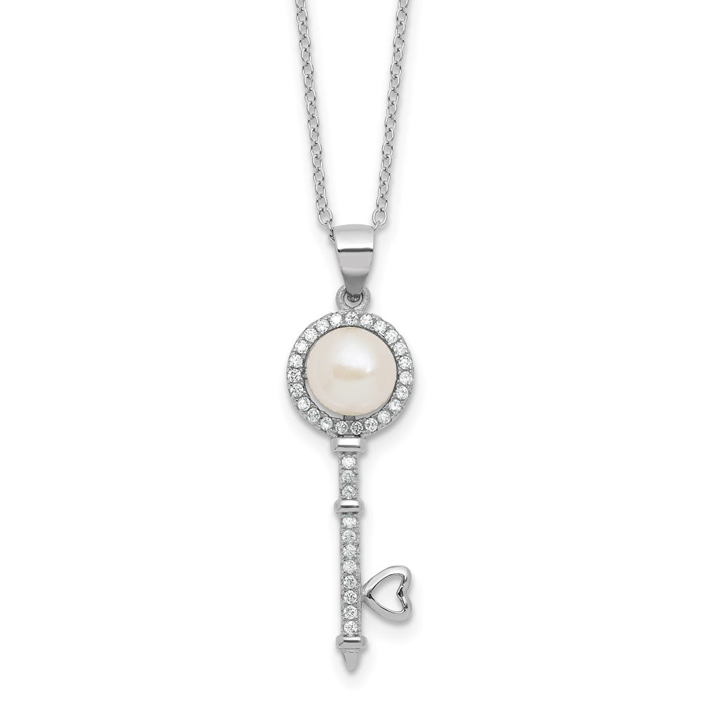 Sterling Silver Rhodium-plated FWC Pearl and CZ Key 17in Necklace