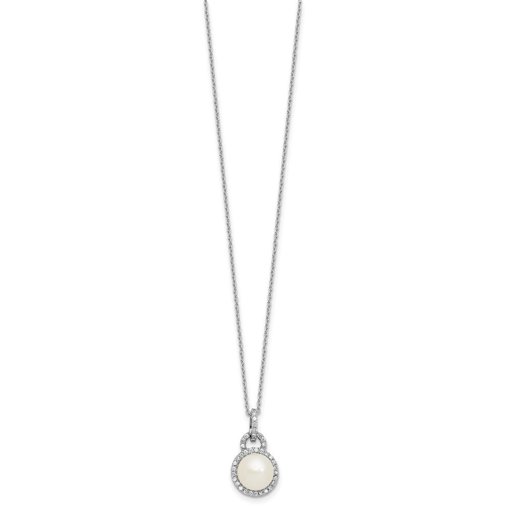 Sterling Silver Rhod-plated 9-10mm FWC Pearl and CZ 17in Necklace