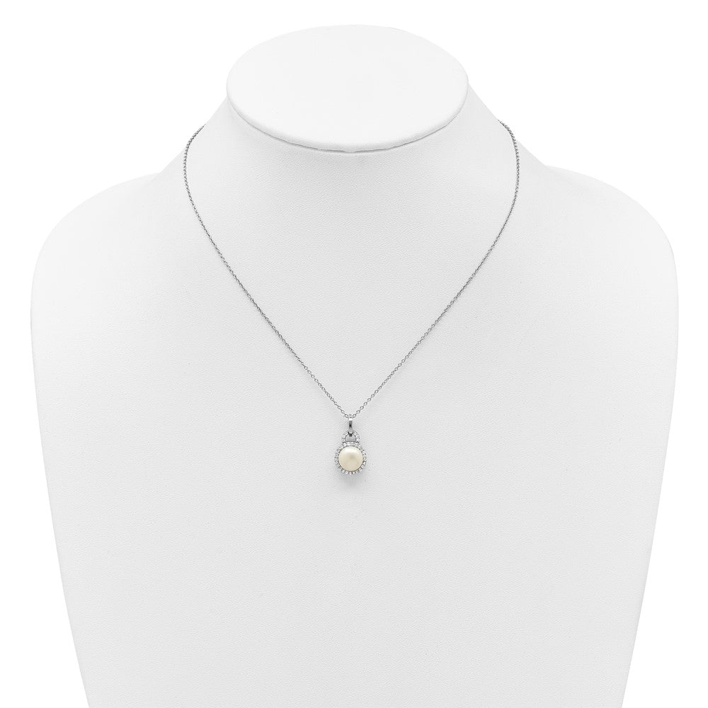 Sterling Silver Rhod-plated 9-10mm FWC Pearl and CZ 17in Necklace
