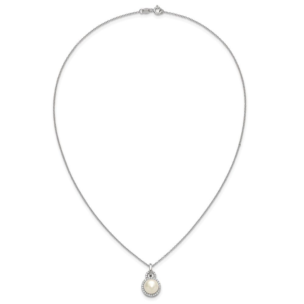 Sterling Silver Rhod-plated 9-10mm FWC Pearl and CZ 17in Necklace