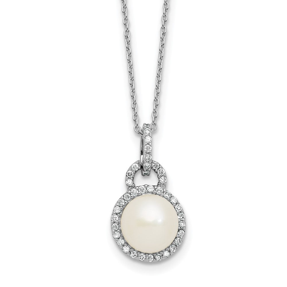 Sterling Silver Rhod-plated 9-10mm FWC Pearl and CZ 17in Necklace