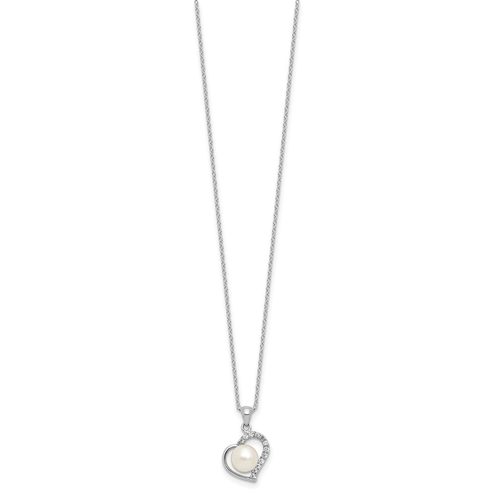 Sterling Silver Rh-plated 7-8mm FWC Pearl and CZ Heart 17in Necklace