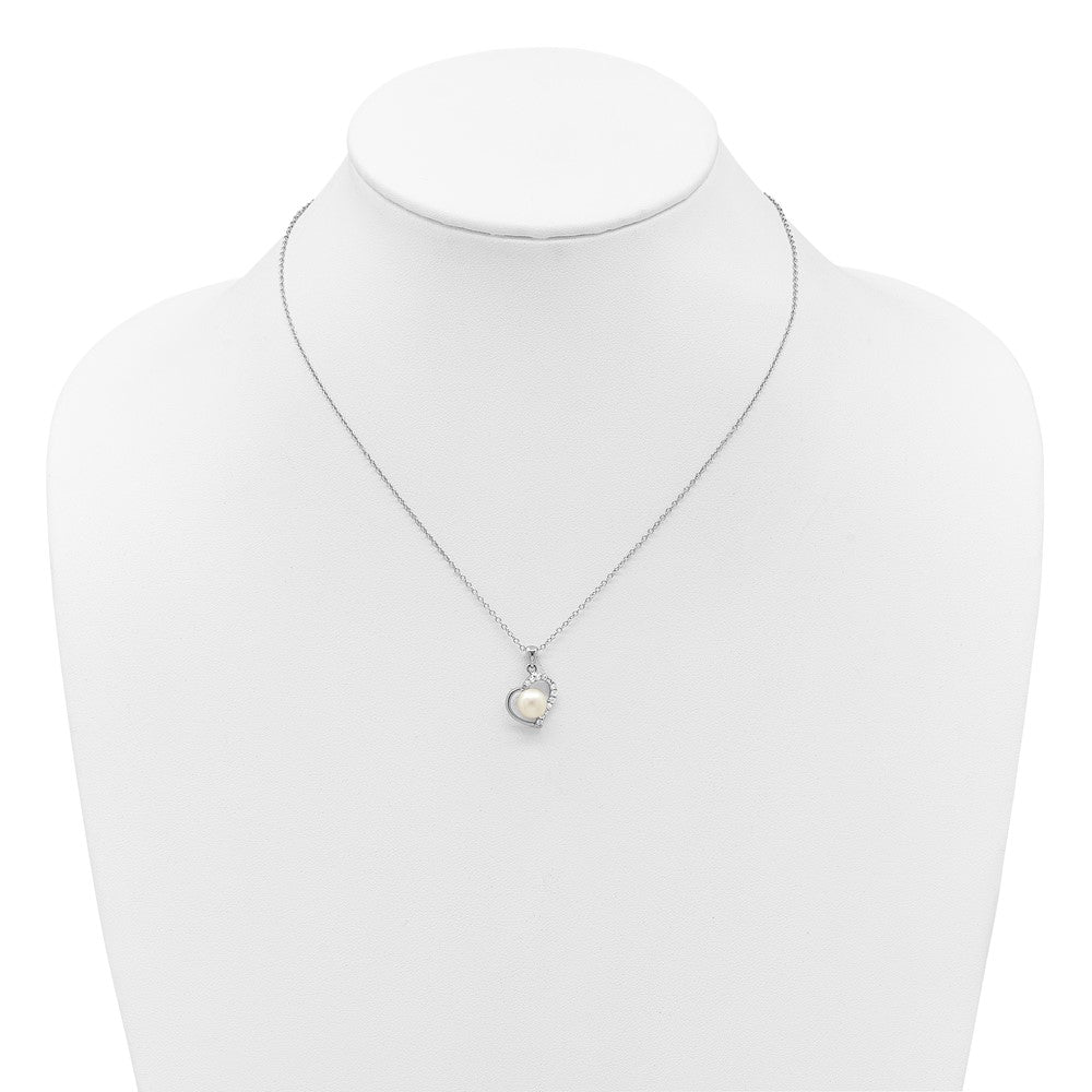 Sterling Silver Rh-plated 7-8mm FWC Pearl and CZ Heart 17in Necklace