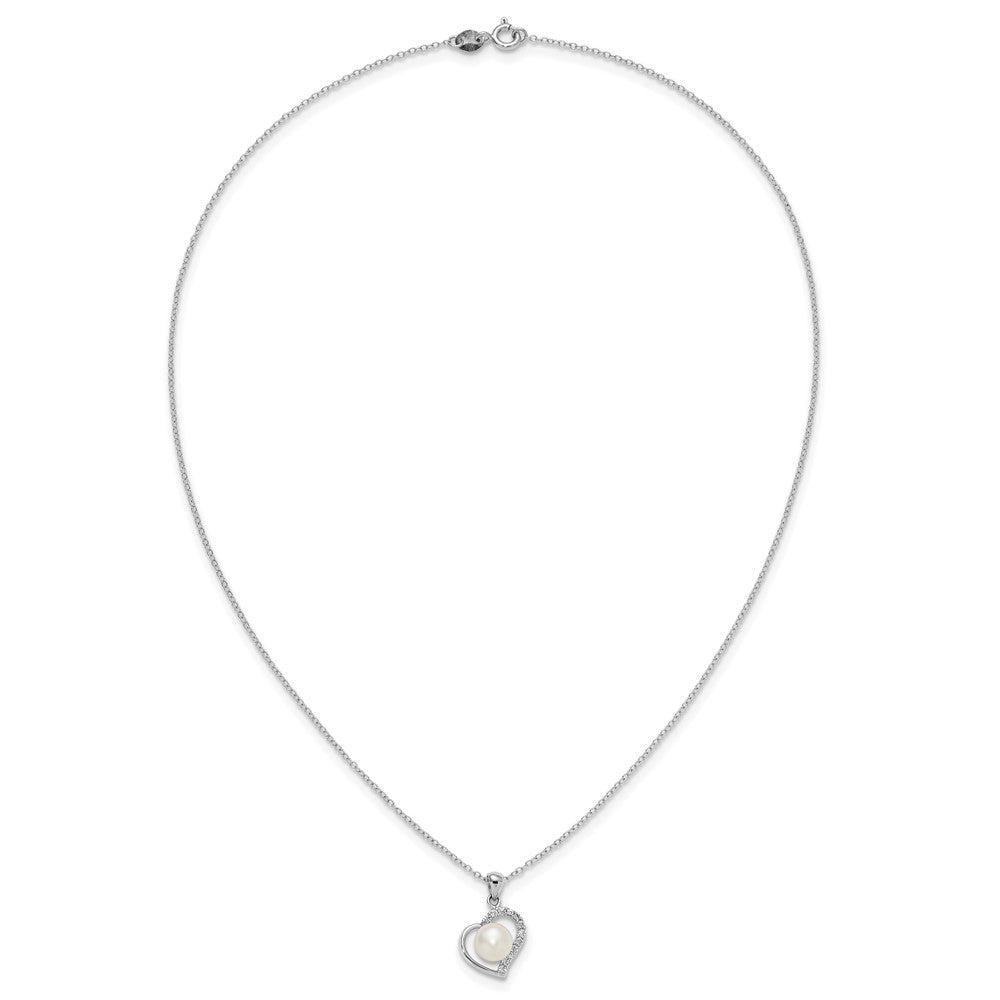 Sterling Silver Rh-plated 7-8mm FWC Pearl and CZ Heart 17in Necklace