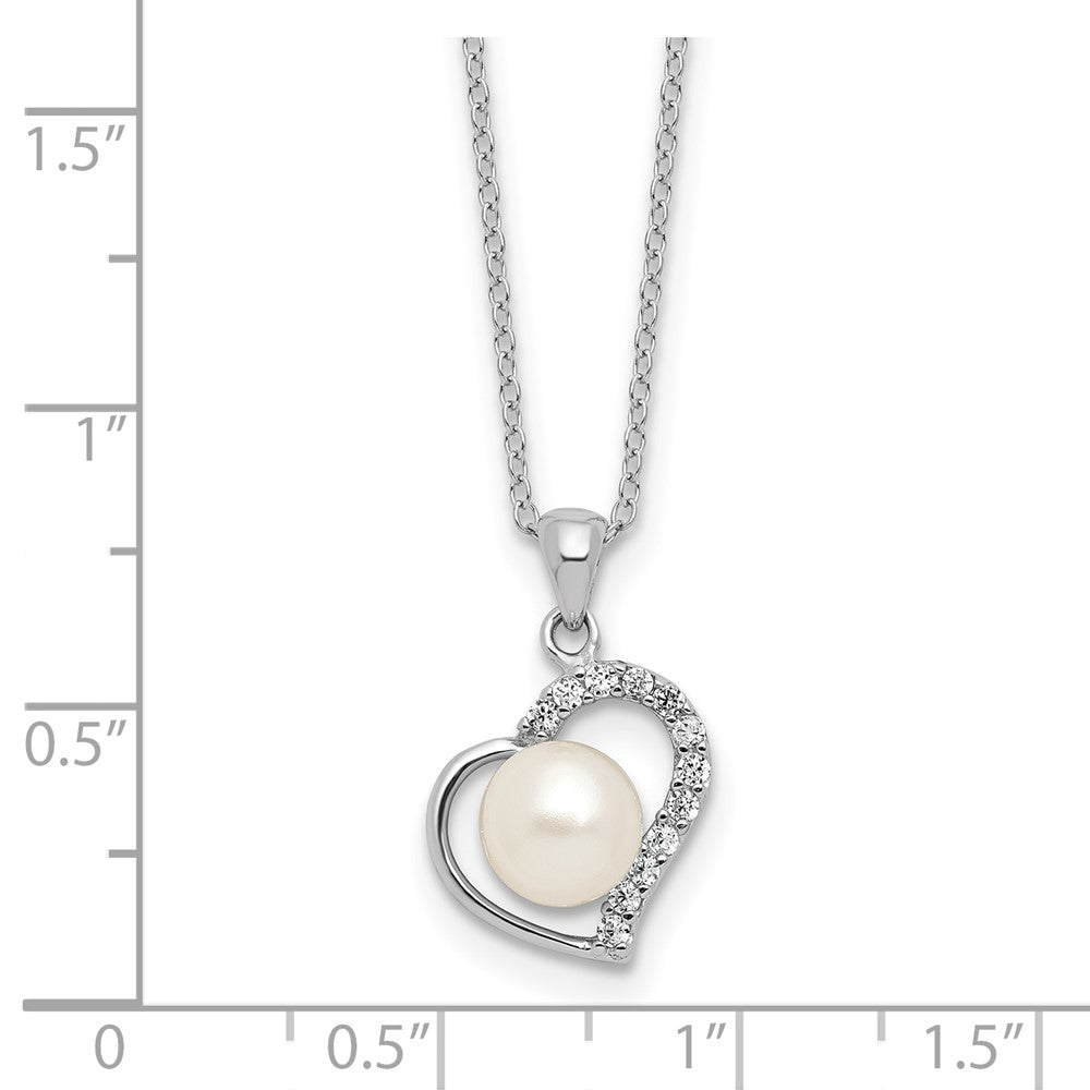 Sterling Silver Rh-plated 7-8mm FWC Pearl and CZ Heart 17in Necklace