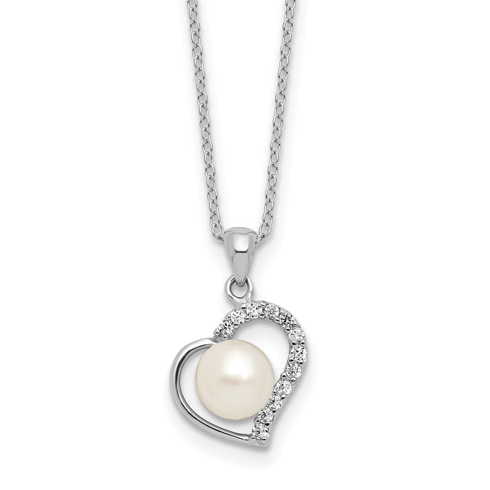 Sterling Silver Rh-plated 7-8mm FWC Pearl and CZ Heart 17in Necklace