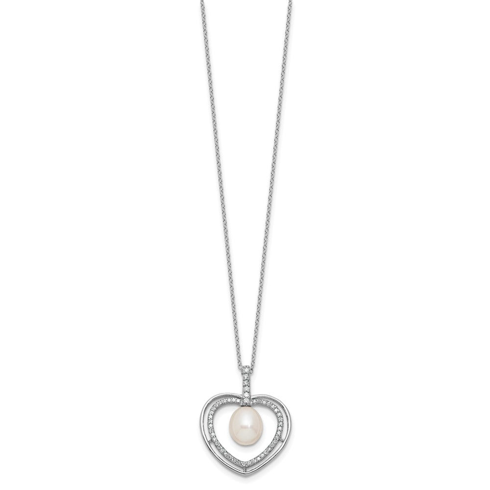 Sterling Silver Rhod 8-9mm FWC Pearl and CZ Heart 17in Necklace