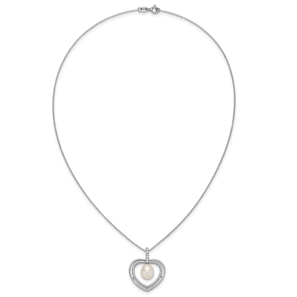 Sterling Silver Rhod 8-9mm FWC Pearl and CZ Heart 17in Necklace