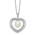 Sterling Silver Rhod 8-9mm FWC Pearl and CZ Heart 17in Necklace