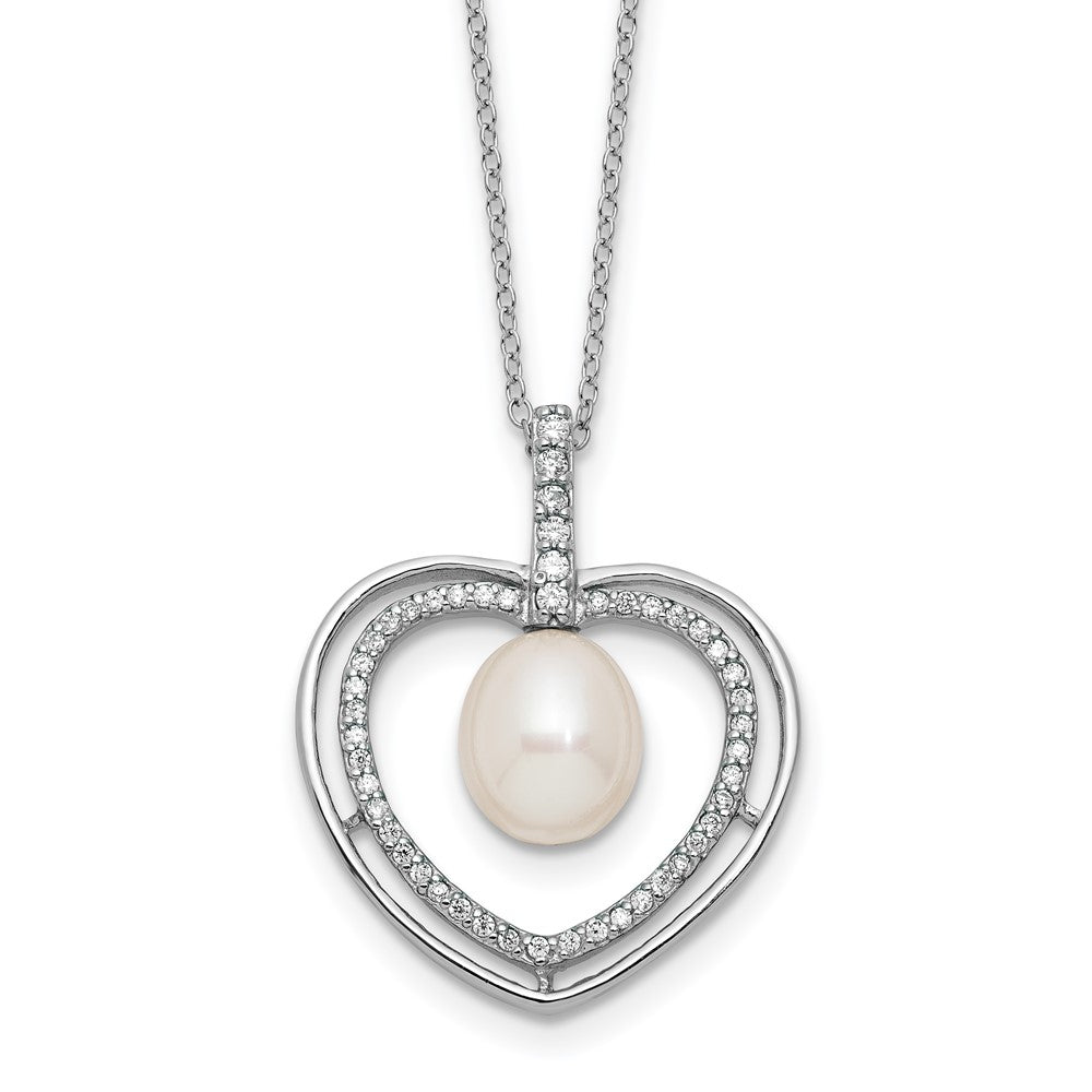 Sterling Silver Rhod 8-9mm FWC Pearl and CZ Heart 17in Necklace
