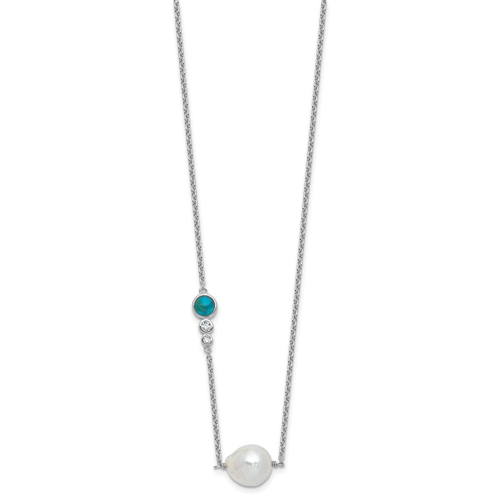 Sterling Silver RH-plated CZ Com. Turquoise FWC Pearl w 2in ext Necklace