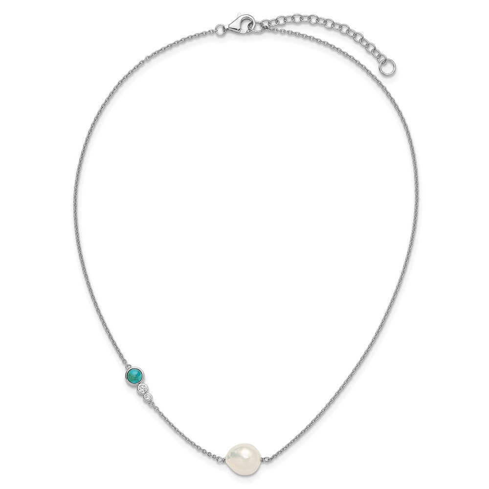 Sterling Silver RH-plated CZ Com. Turquoise FWC Pearl w 2in ext Necklace