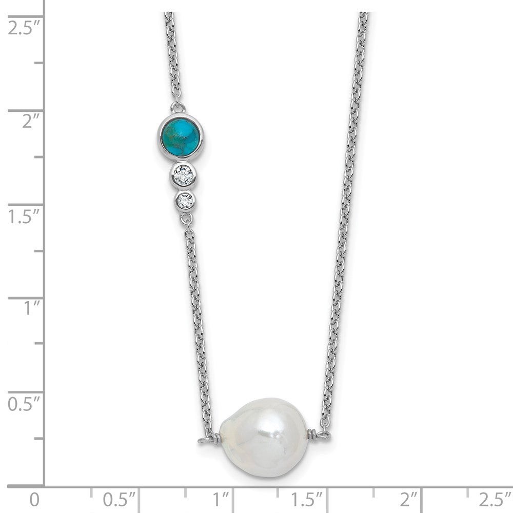Sterling Silver RH-plated CZ Com. Turquoise FWC Pearl w 2in ext Necklace