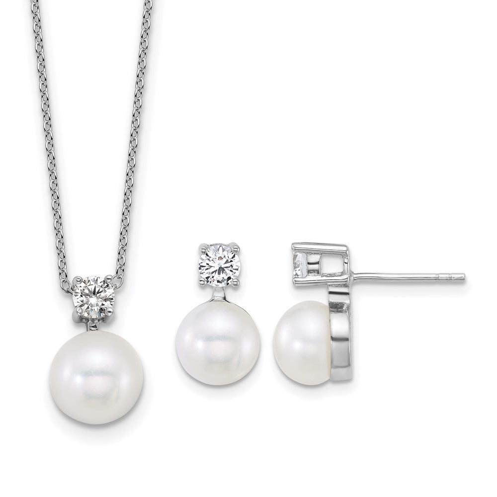 Sterling Silver Rh-plated FWC Pearl and CZ 17in Necklace/Earring Set