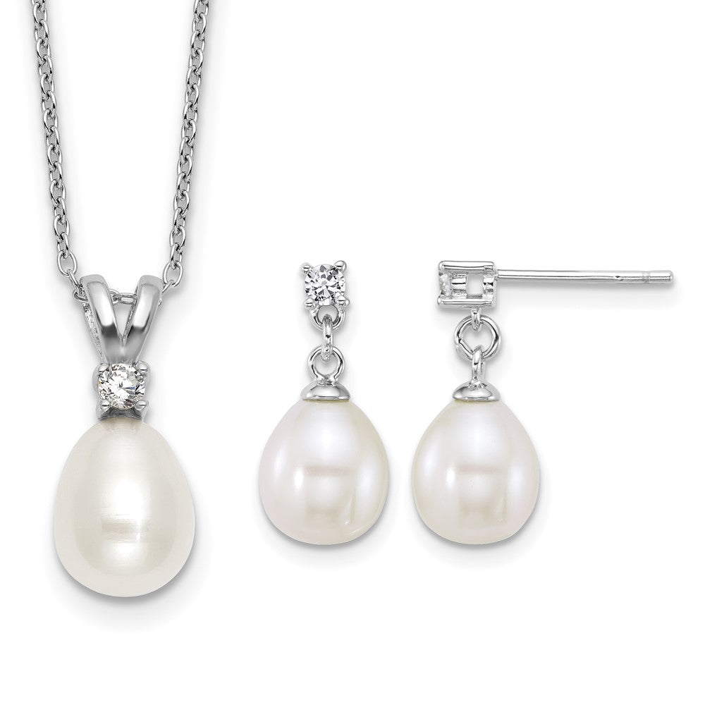 Sterling Silver Rh-plated FWC Pearl and CZ 17in Necklace/Earring Set