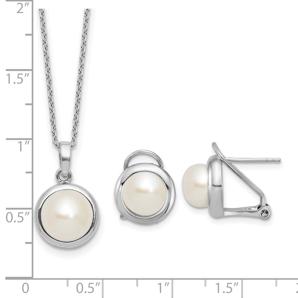 Sterling Silver Rh-plat FWC Pearl 17in Necklace/Omega Back Earring Set