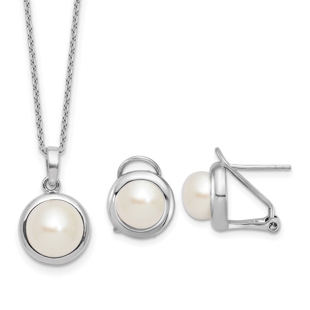 Sterling Silver Rh-plat FWC Pearl 17in Necklace/Omega Back Earring Set