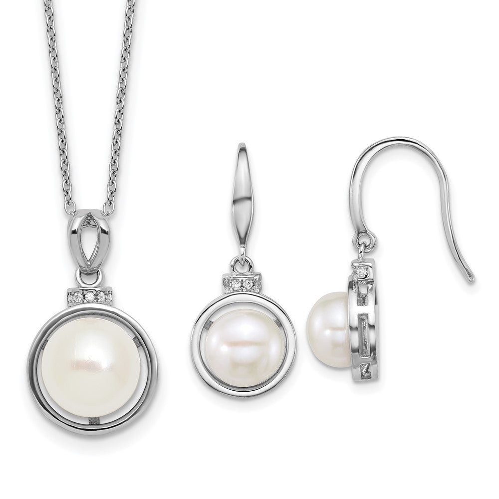 Sterling Silver Rh-plated FWC Pearl and CZ 17in Necklace/Earring Set