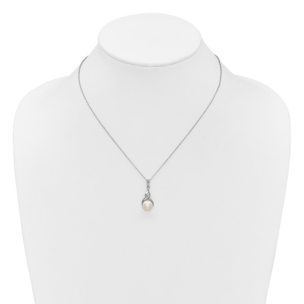 Sterling Silver Rh-plated FWC Pearl and CZ 17in Necklace/Earring Set