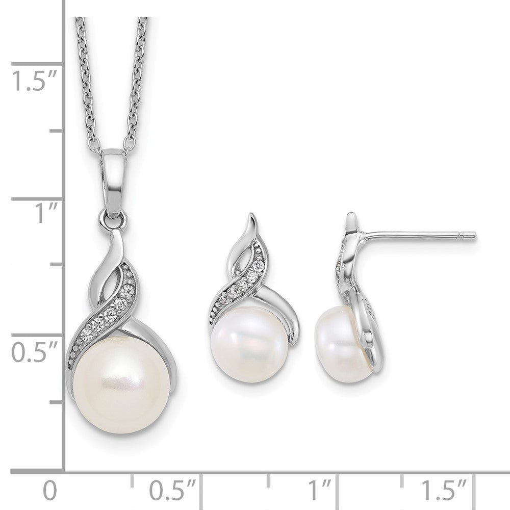 Sterling Silver Rh-plated FWC Pearl and CZ 17in Necklace/Earring Set