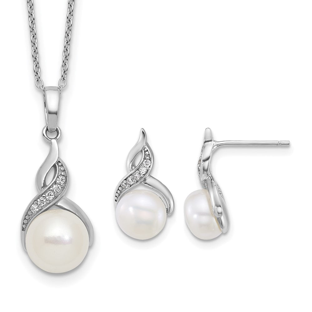 Sterling Silver Rh-plated FWC Pearl and CZ 17in Necklace/Earring Set