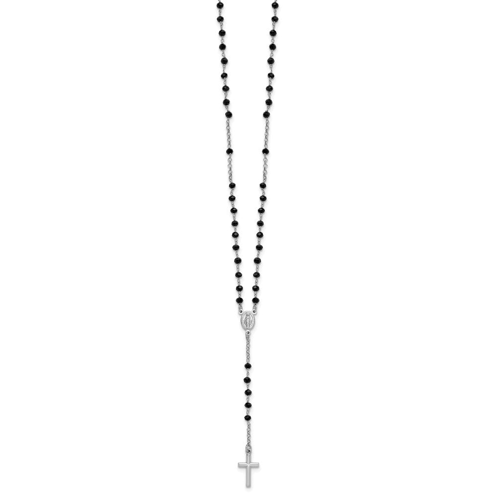 Sterling Silver RH-plated Black Crystal 18.5in w/1in ext. Rosary Necklace