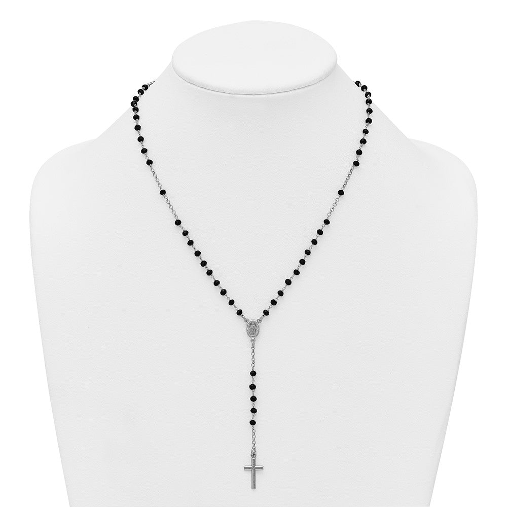 Sterling Silver RH-plated Black Crystal 18.5in w/1in ext. Rosary Necklace