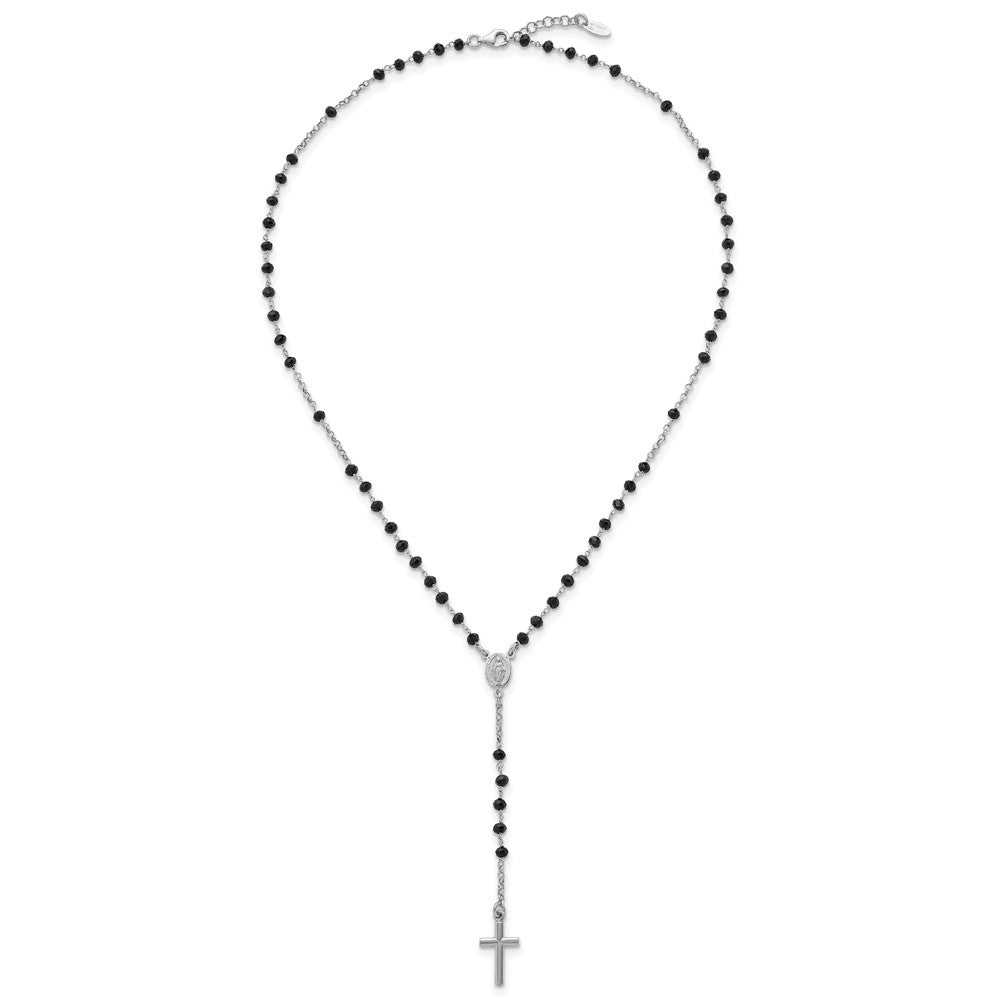 Sterling Silver RH-plated Black Crystal 18.5in w/1in ext. Rosary Necklace